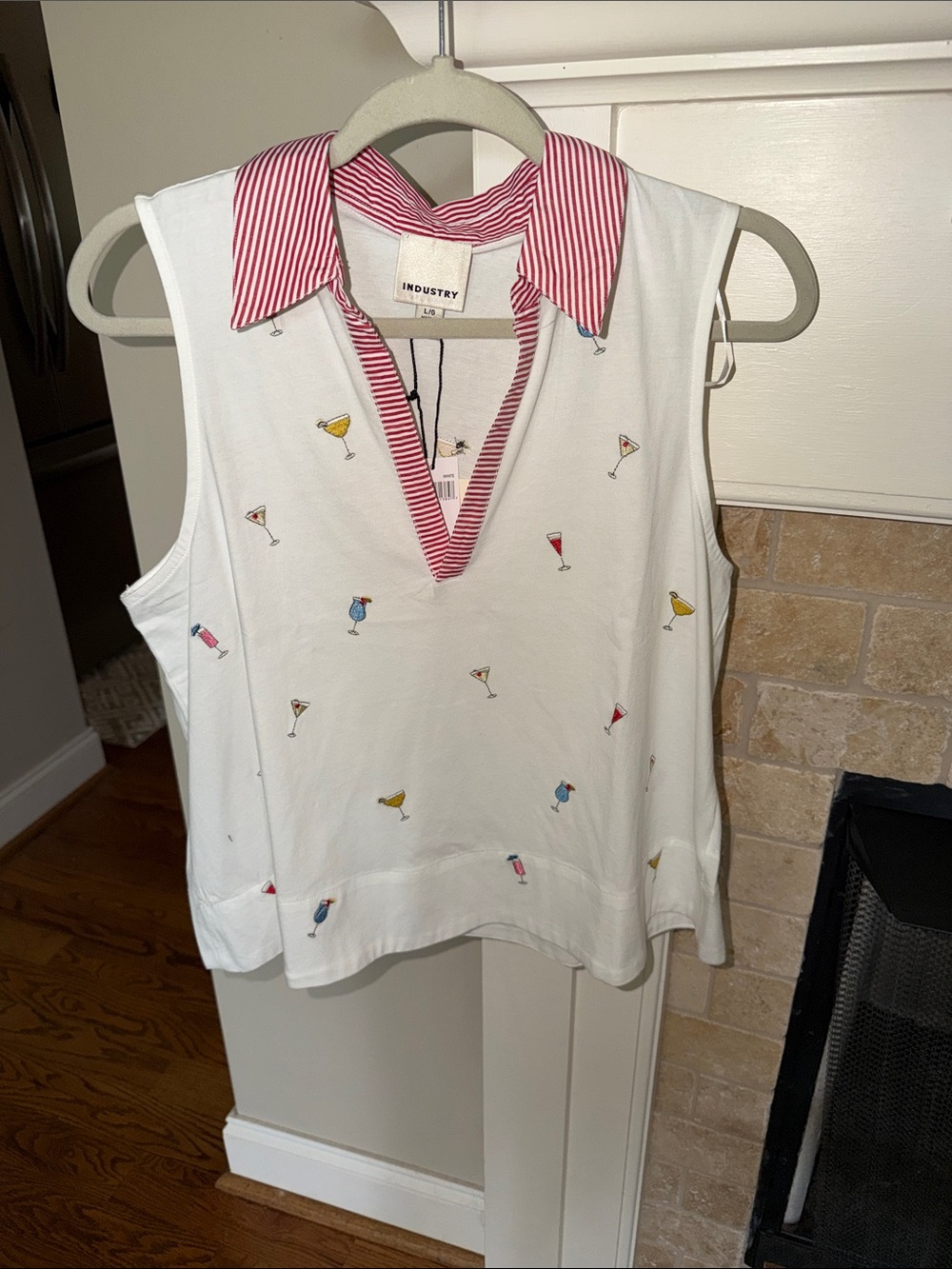Industry Sleeveless Top with Red Striped Collar and cocktail theme embroideryNWT